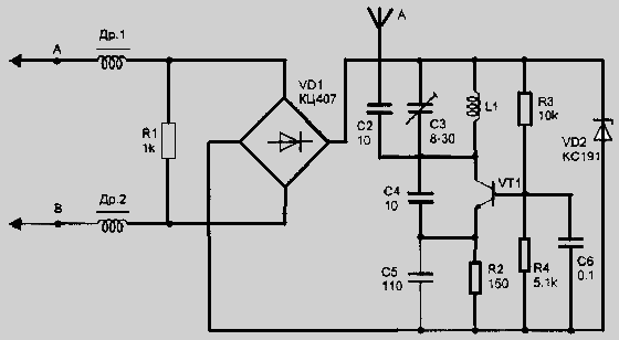 Рис. 1 Телефонный радиоретранслятор с ЧМ на одном транзисторе 